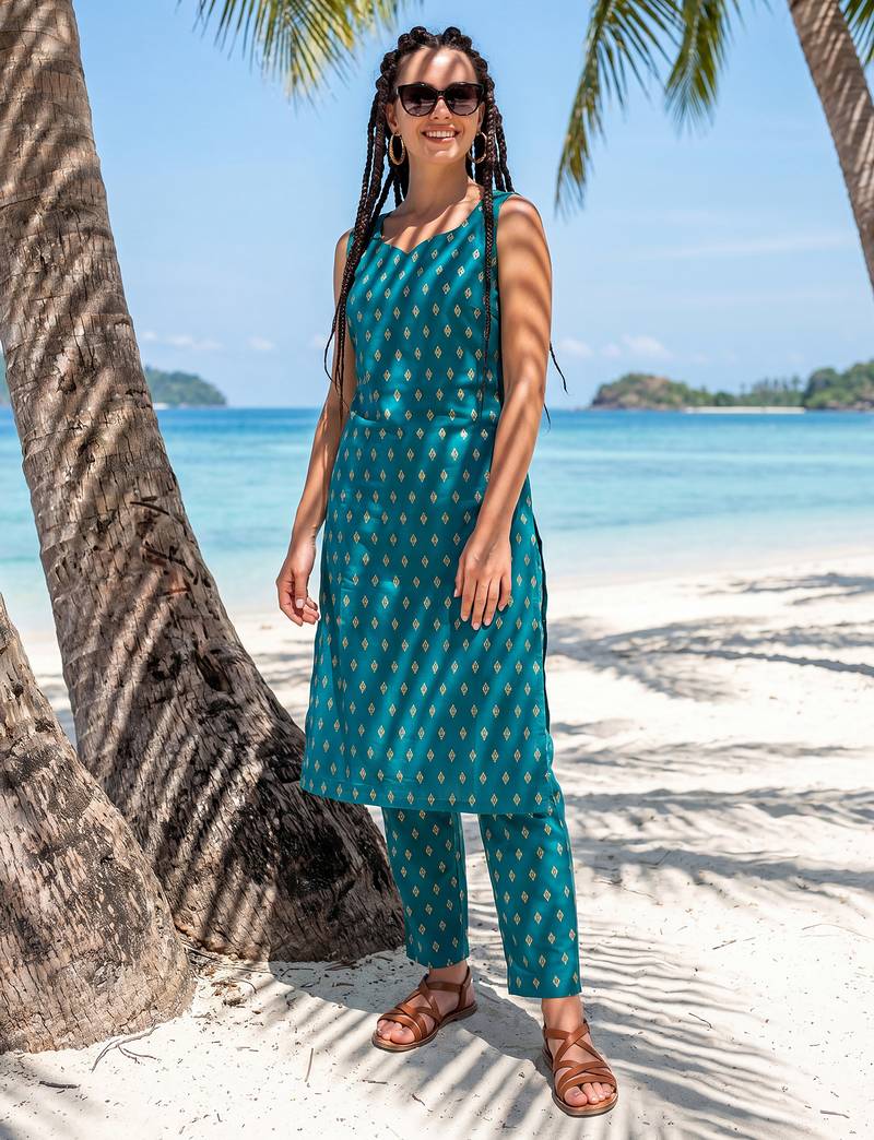 Blue printed cotton kurta trouser set