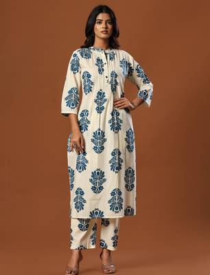 White printed cotton kurta trouser set 1