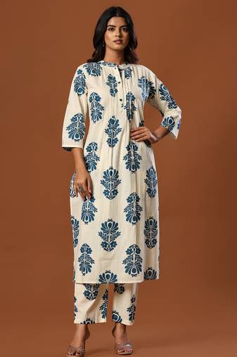 White printed cotton kurta trouser set