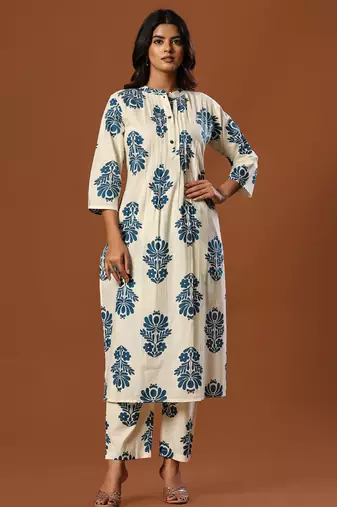 White printed cotton kurta trouser set