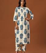 White printed cotton kurta trouser set