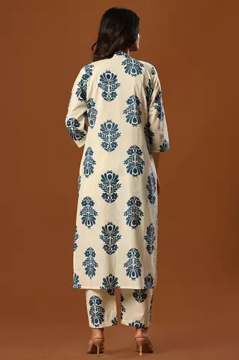 White printed cotton kurta trouser set