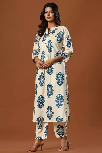 White printed cotton kurta trouser set