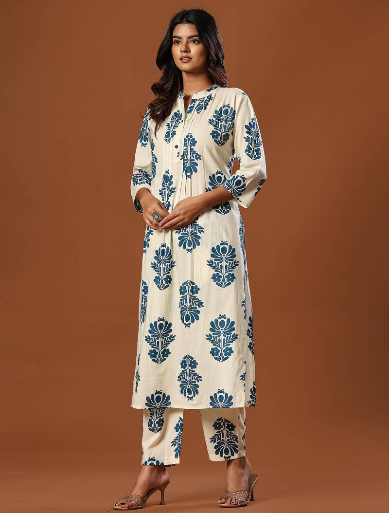 White printed cotton kurta trouser set