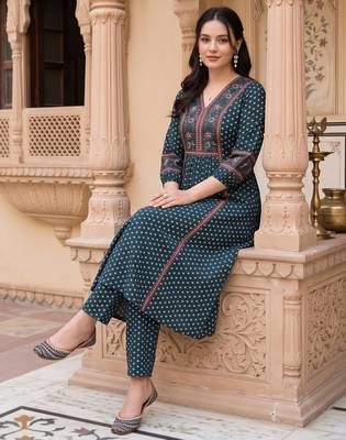 Teal printed cotton kurta trouser set 1