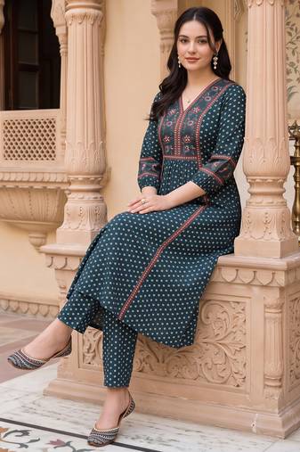 Teal printed cotton kurta trouser set