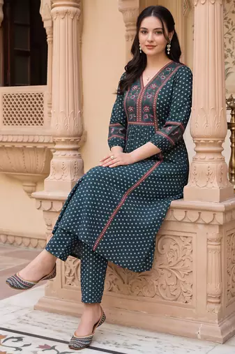 Teal printed cotton kurta trouser set
