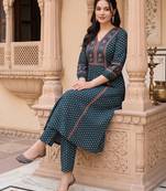 Teal printed cotton kurta trouser set