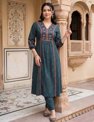 Teal printed cotton kurta trouser set 2