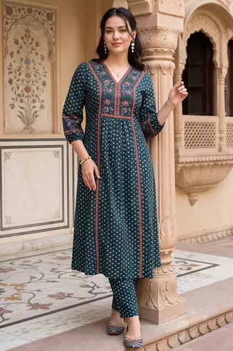Teal printed cotton kurta trouser set