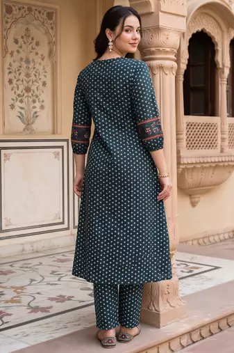 Teal printed cotton kurta trouser set