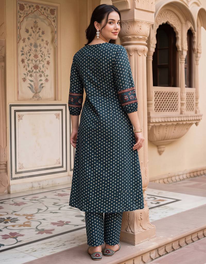 Teal printed cotton kurta trouser set