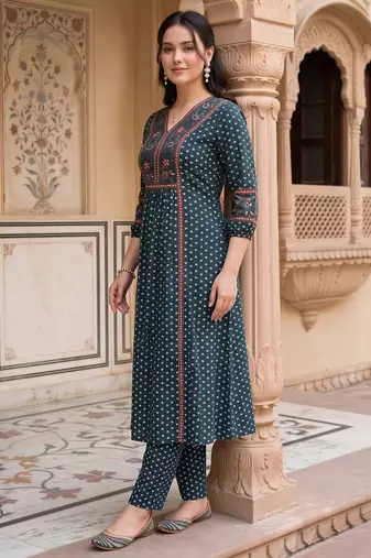 Teal printed cotton kurta trouser set