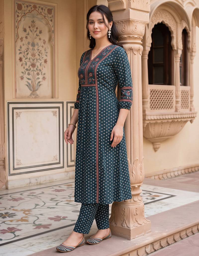 Teal printed cotton kurta trouser set
