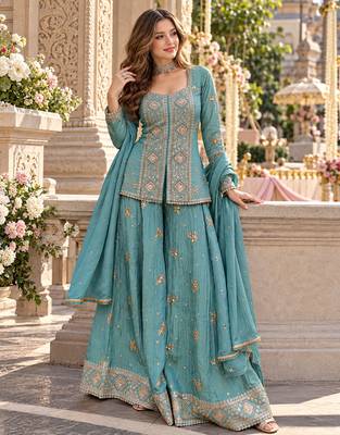 Blue vichitra silk readymade suit with embroidery & sequence work 1
