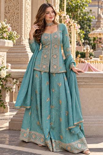 Blue vichitra silk readymade suit with embroidery & sequence work