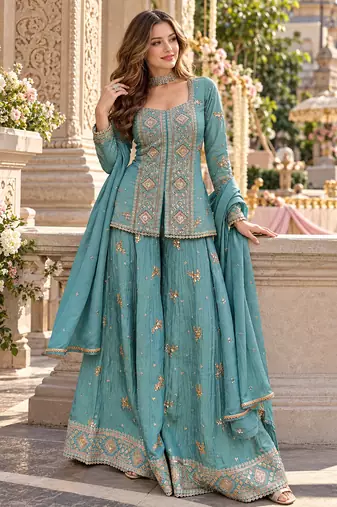 Blue vichitra silk readymade suit with embroidery & sequence work