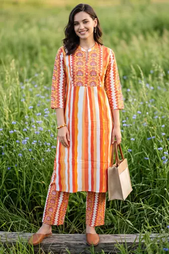 Multicolor printed cotton kurta trouser set