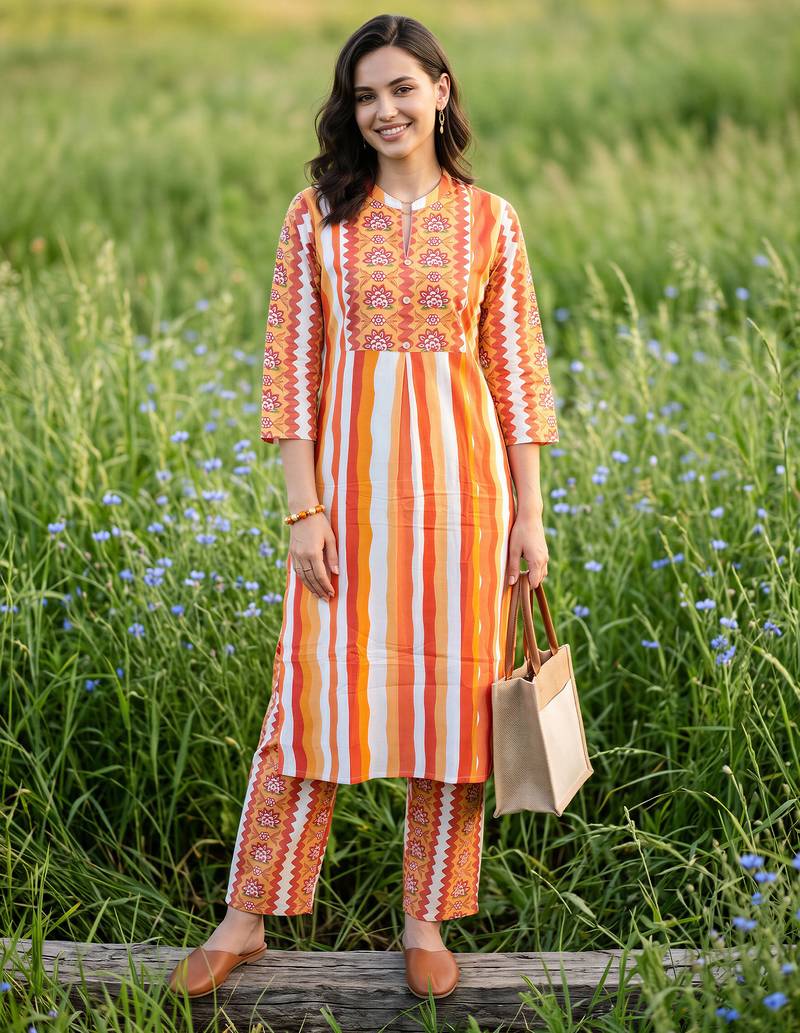 Multicolor printed cotton kurta trouser set