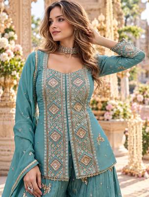 Blue vichitra silk readymade suit with embroidery & sequence work 2