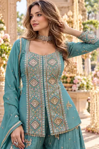 Blue vichitra silk readymade suit with embroidery & sequence work