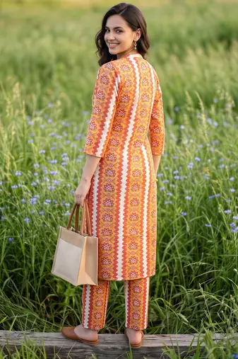 Multicolor printed cotton kurta trouser set