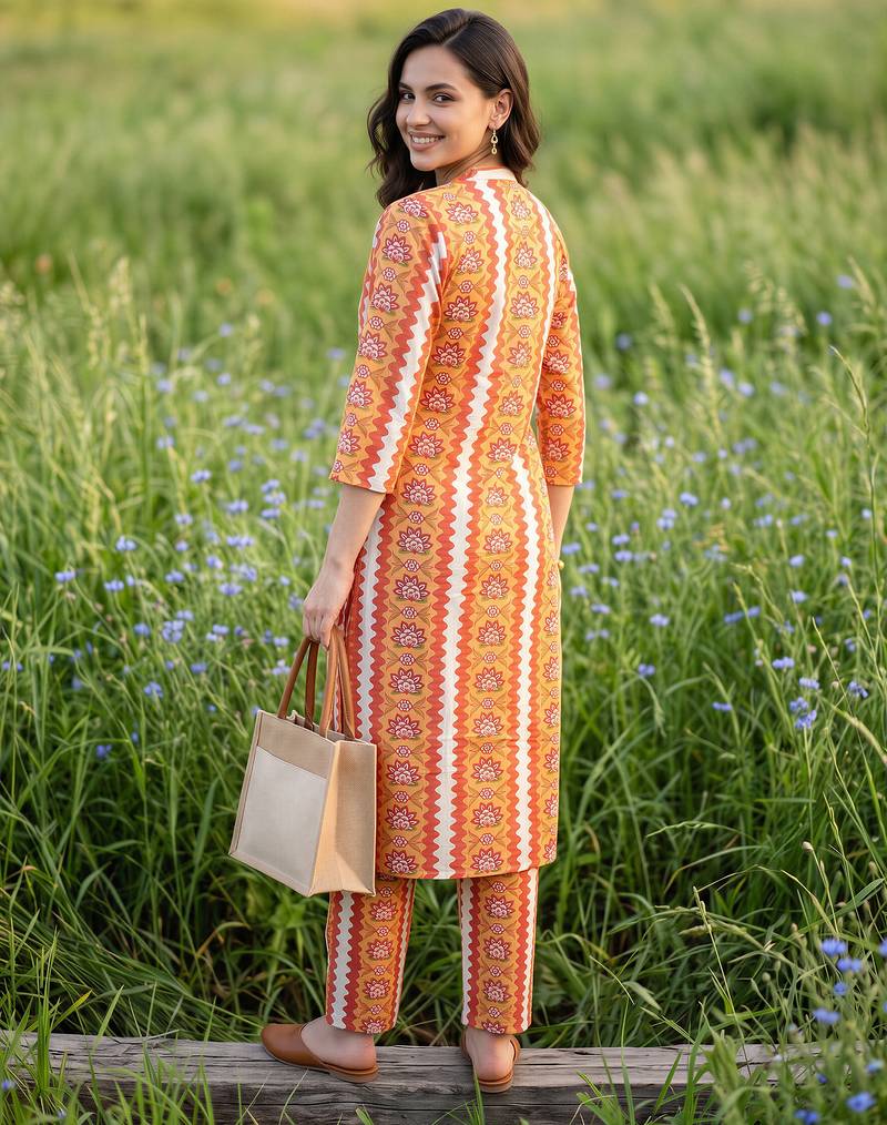 Multicolor printed cotton kurta trouser set