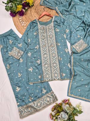 Blue vichitra silk readymade suit with embroidery & sequence work 3
