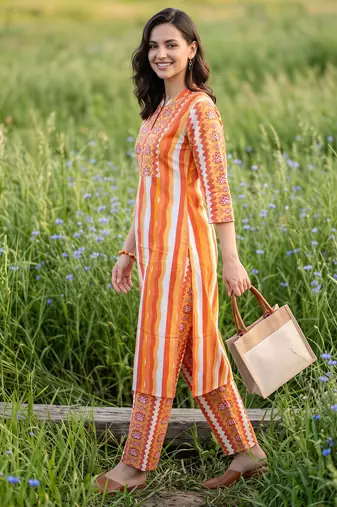 Multicolor printed cotton kurta trouser set