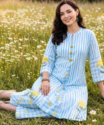 Blue printed cotton kurta trouser set 1