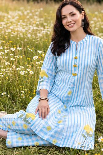 Blue printed cotton kurta trouser set