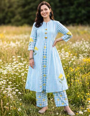 Blue printed cotton kurta trouser set 2