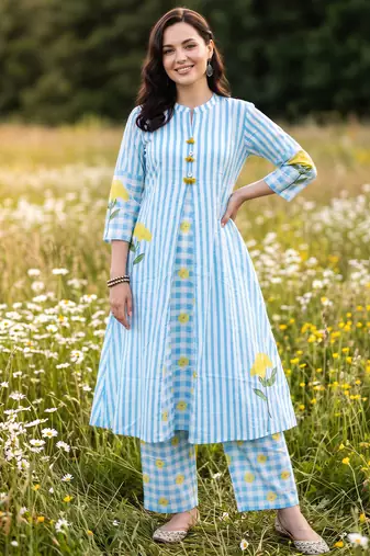 Blue printed cotton kurta trouser set