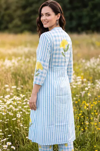 Blue printed cotton kurta trouser set