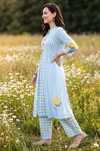 Blue printed cotton kurta trouser set