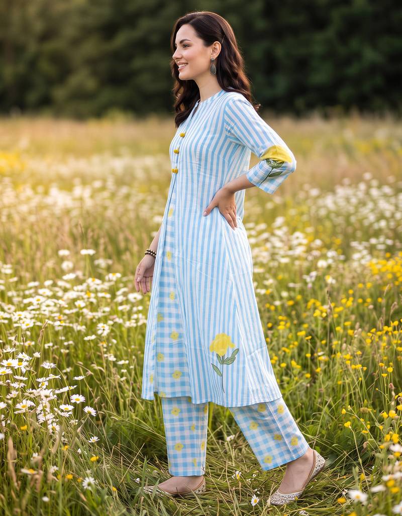 Blue printed cotton kurta trouser set