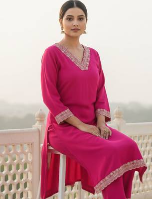 Pink embroidered viscose rayon kurta trouser set 1