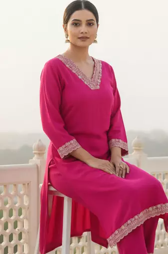Pink embroidered viscose rayon kurta trouser set