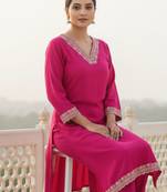 Pink embroidered viscose rayon kurta trouser set