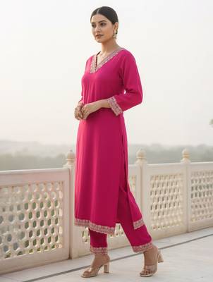 Pink embroidered viscose rayon kurta trouser set 3