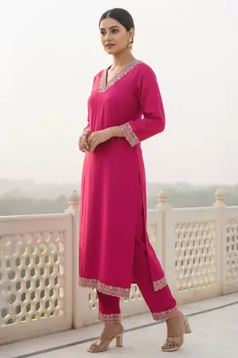 Pink embroidered viscose rayon kurta trouser set