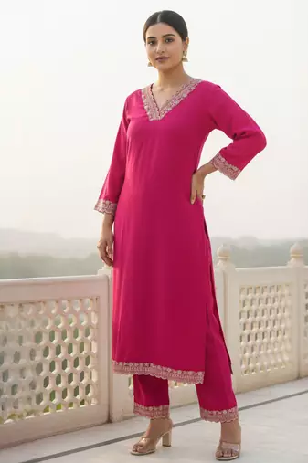 Pink embroidered viscose rayon kurta trouser set