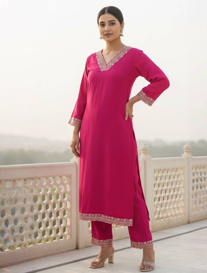 Pink embroidered viscose rayon kurta trouser set