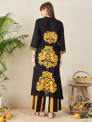 Black printed viscose rayon kurta trouser set 2