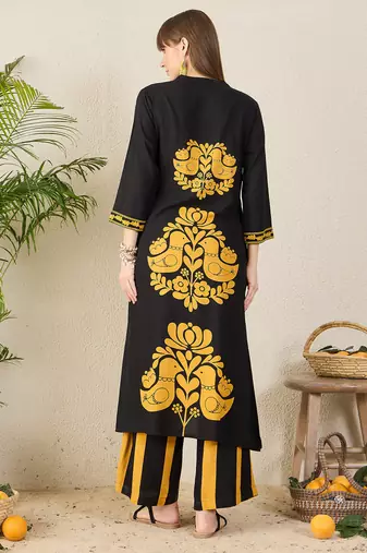 Black printed viscose rayon kurta trouser set