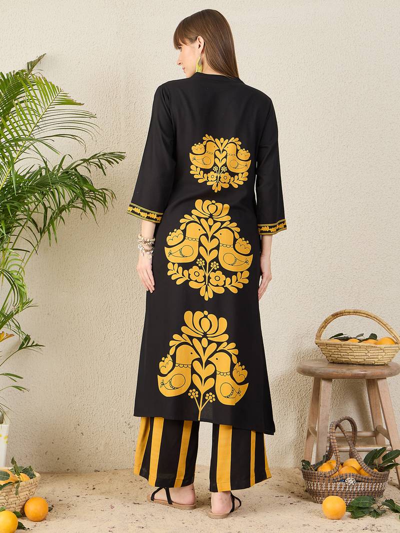 Black printed viscose rayon kurta trouser set