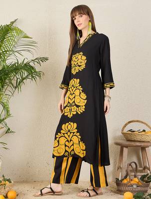 Black printed viscose rayon kurta trouser set 3