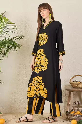 Black printed viscose rayon kurta trouser set