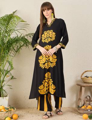 Black printed viscose rayon kurta trouser set 4