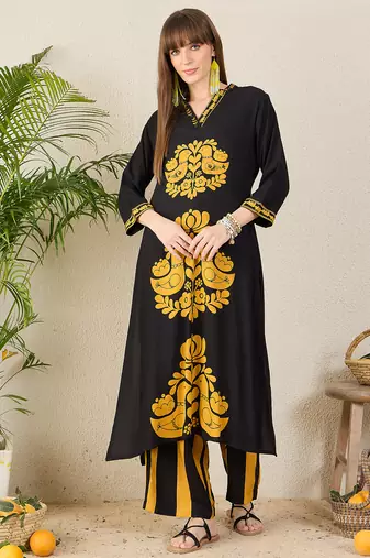 Black printed viscose rayon kurta trouser set